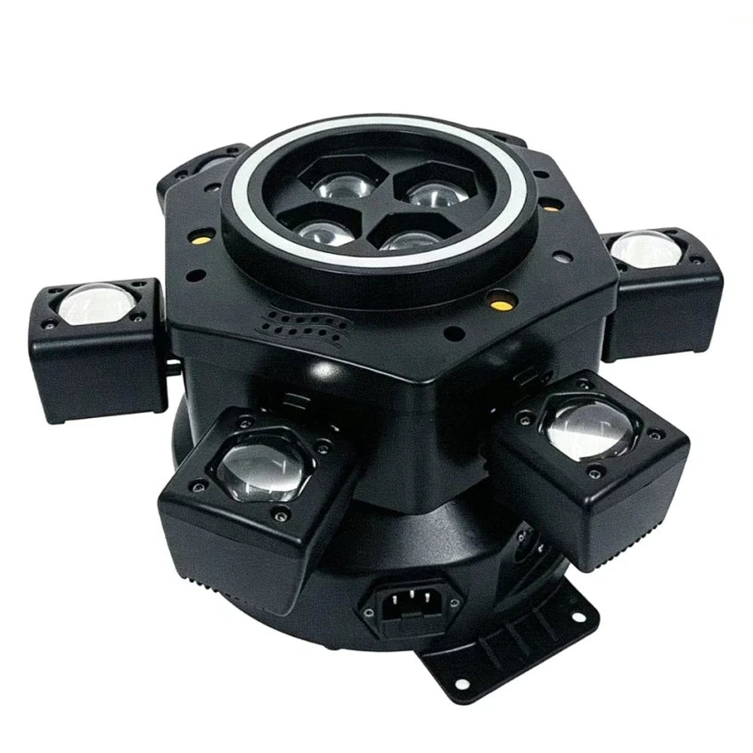 Moving Head LED Bee-Eye cu 6 Beam-uri Mobile, Laser Roșu și Verde, Stroboscop Dublu și Bandă LED RGB – Control DMX512 26 Canale, Master/Slave, Auto-Run și Sound Active pentru Club, DJ, Nunți și Evenimente