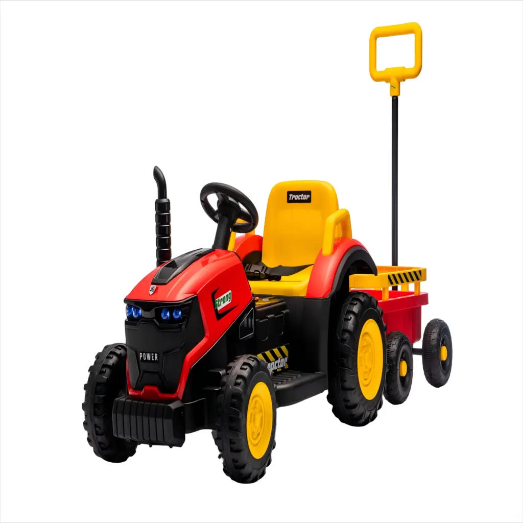 Tractor Electric KIDOO pentru Copii cu Telecomandă 2.4G, Remorcă Detașabilă, 12V 4.5Ah, 2 Motoare 380, Lumini LED, Muzică, Centură de Siguranță, Roșu/Galben