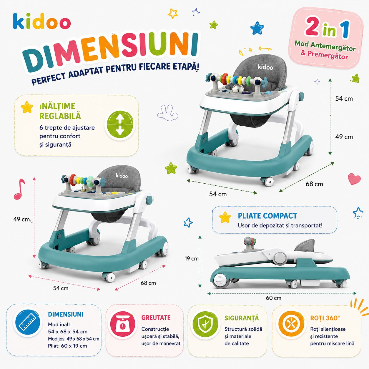 Premergător educațional 3 în 1 KIDOO®, pentru copii | Masuță, Premergător ; Antemergător | Reglabil, Muzical, Anti-cădere