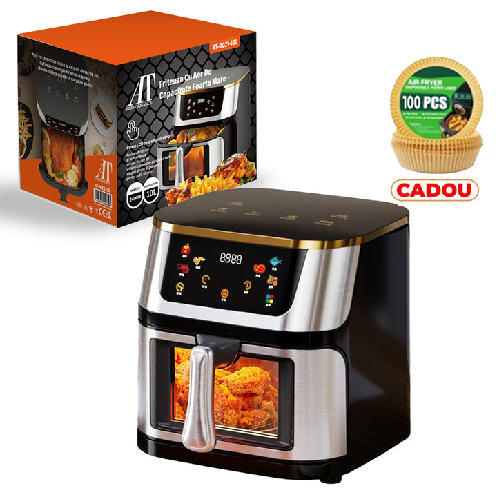 Friteuză cu Aer Cald 10L AT PERFORMANCE® – 2400W, Display Digital Touch, 8 Programe, cu Geam, Neagră + CADOU 100 Hârtii de Copt - Silver Geam