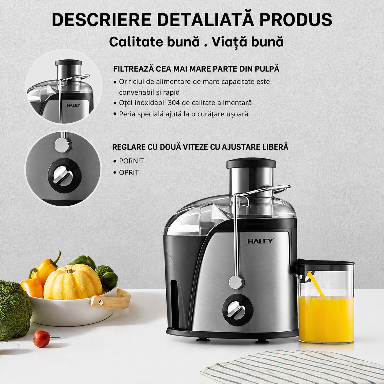 Storcător De Fructe Și Legume HALEY HY-2902, 1000W, 3 Viteze + Pulse, Tub Alimentare 65 mm, Recipient Pulpă 1.2L, Recipient Suc 0.5L, Filtru Din Oțel Inoxidabil