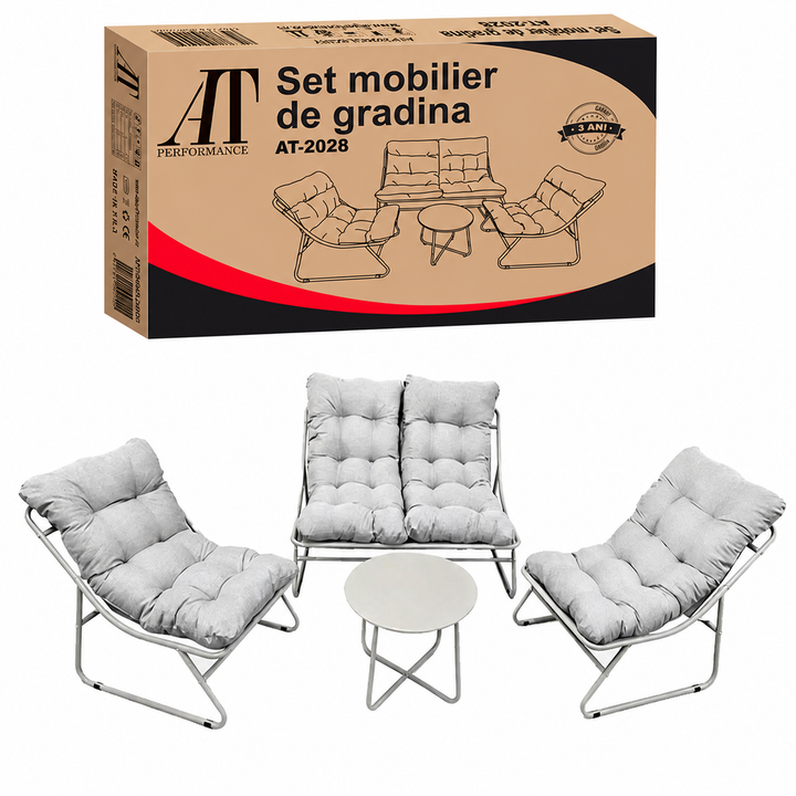 Set Mobilier Grădină AT PERFORMANCE® 4 Piese, Canapea 2 Locuri + 2 Fotolii + Măsuță, Cadru Metalic