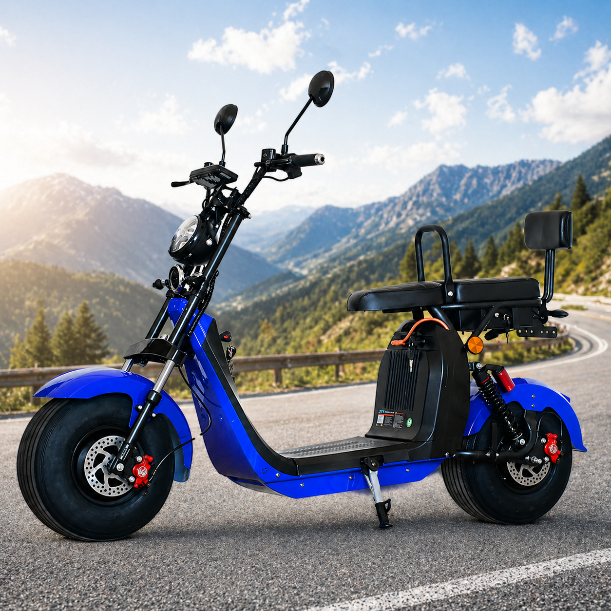Scuter Electric 2 Persoane, Viteză Limitată 25 km/h – Fără Permis, Viteza maxima 25km/h, Autonomie 45 km, Motor 1500W, Baterie 20Ah, Suspensie Hidraulică, COC Inclus