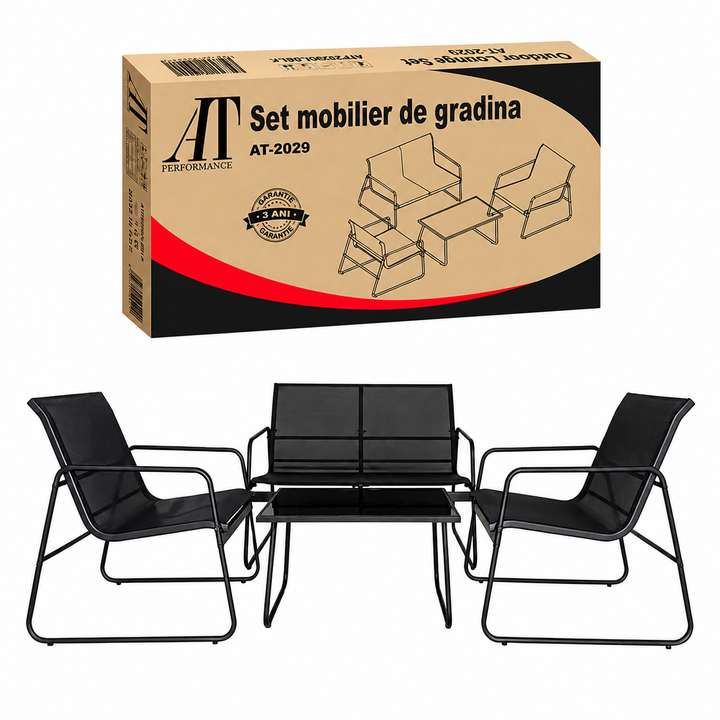 Set Mobilier Grădină AT PERFORMANCE® 4 Piese, Canapea 2 Locuri + 2 Fotolii + Măsuță, Cadru Metalic