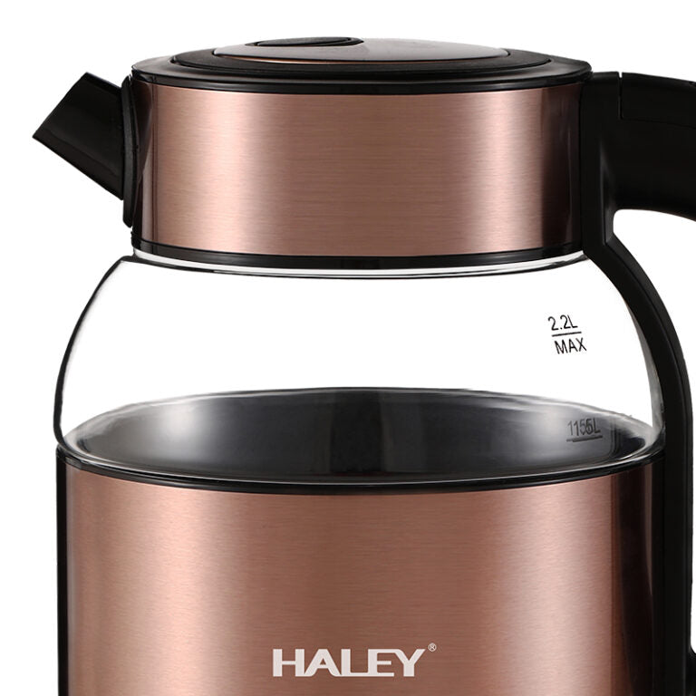 Fierbător Electric HALEY 2.2L, 2000W, Inox și Sticlă, Oprire Automată, Protecție Anti Fierbere Uscată, Bază 360°