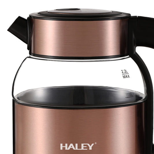 Fierbător Electric HALEY 2.2L, 2000W, Inox și Sticlă, Oprire Automată, Protecție Anti Fierbere Uscată, Bază 360°