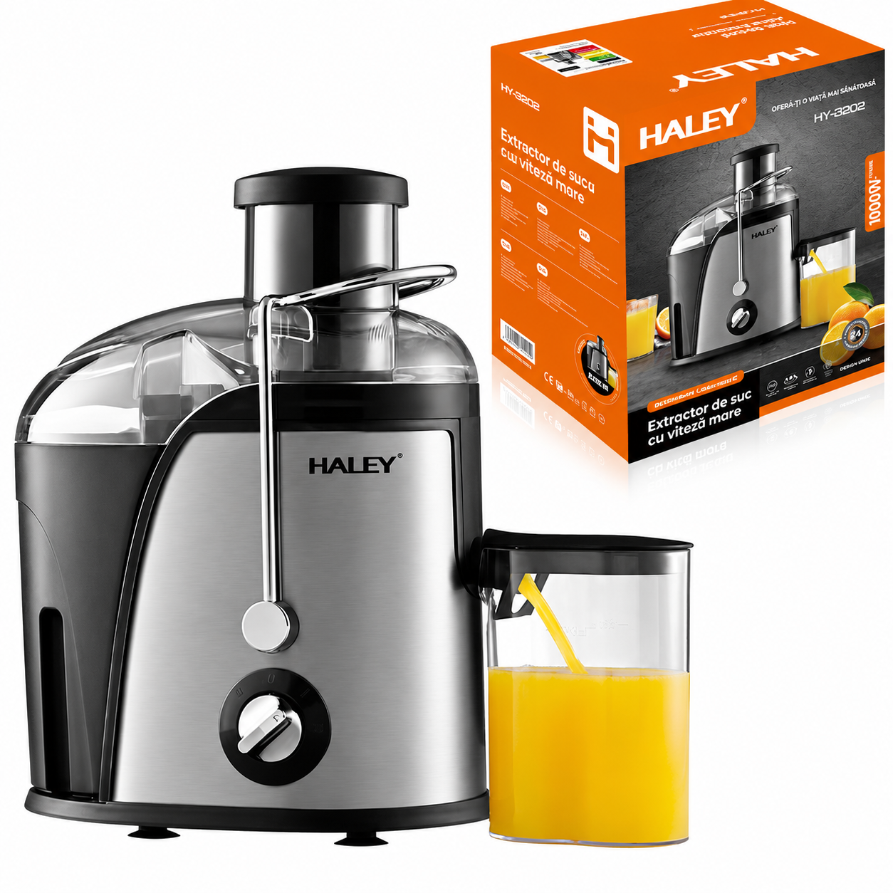 Storcător De Fructe Și Legume HALEY HY-2902, 1000W, 3 Viteze + Pulse, Tub Alimentare 65 mm, Recipient Pulpă 1.2L, Recipient Suc 0.5L, Filtru Din Oțel Inoxidabil