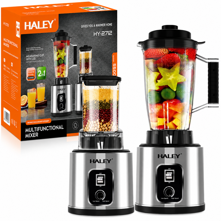 Blender Multifuncțional 2 în 1 HALEY HY-2712, 5500W, 15 Viteze + Pulse, Recipient 3L, Râșniță, Lame Inox, Funcție Autocurățare
