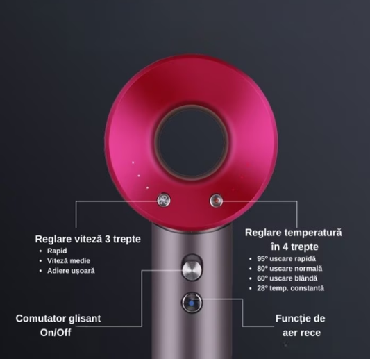 Uscător de Păr Ultra Puternic At Performance, Ioni Negativi, Aer Rece/Cald, 3 Trepte de Viteză, 4 Trepte de Temperatură, 5 Capete Diferite, Rosu