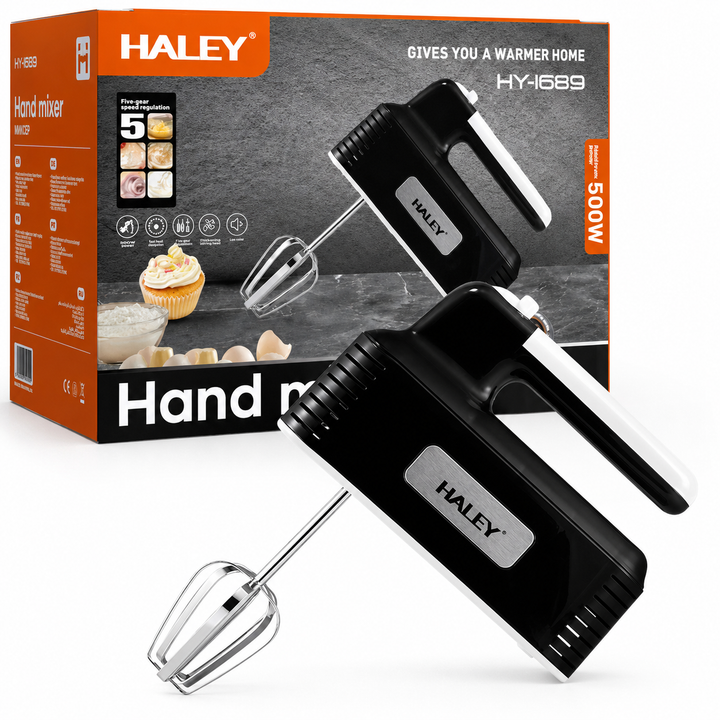 Mixer de Mână HALEY HY-1689, 500W, 5 Trepte de Viteză, Teluri și Cârlige pentru Frământare, Sistem de Detașare Rapidă, Negru
