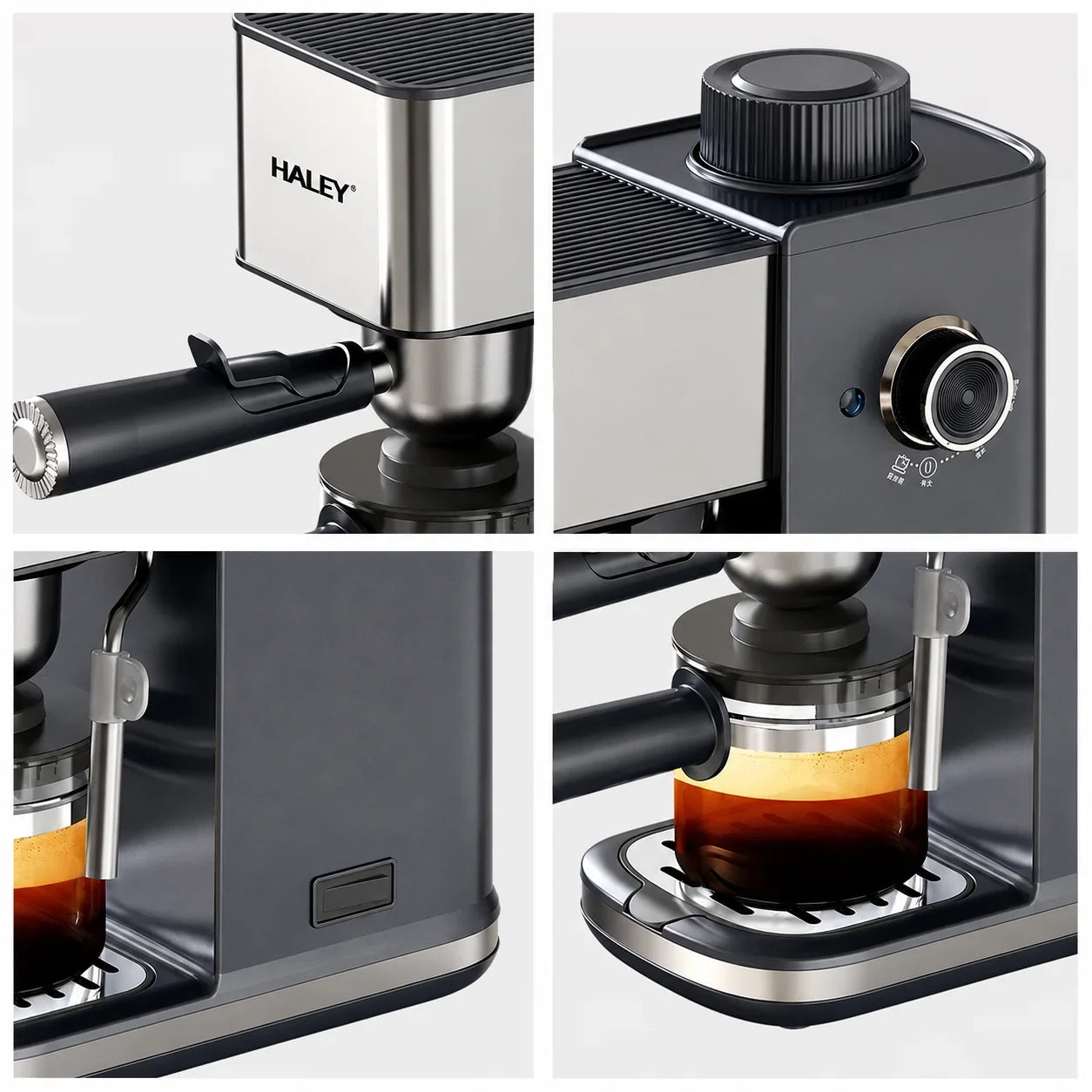 Espressor de Cafea HALEY HY-2822, 1500W, 5 Bar, Rezervor 350 ml, Sistem Spumare Lapte, Filtru Inox, Carafă din Sticlă Borosilicată