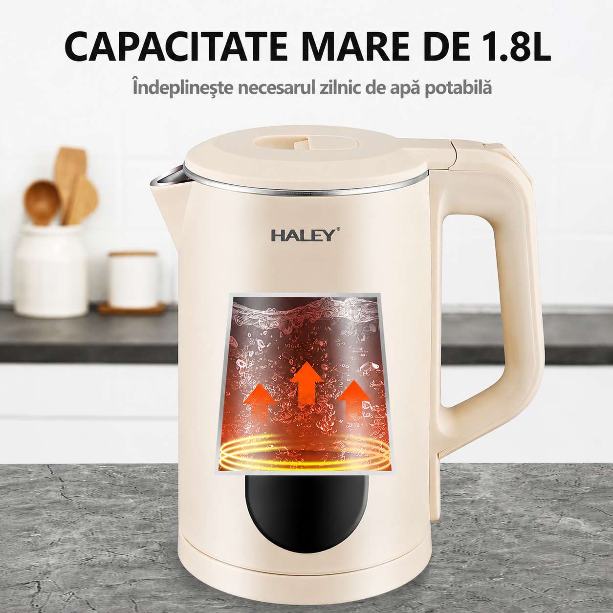 Fierbător Electric Haley HY-8913, 1.8L, 1500W, Inox SUS 304, Bază Rotativă 360°, Oprire Automată