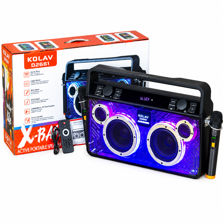 Boxă Portabilă Karaoke KOLAV D2661 X-BASS, 400W, Bluetooth 5.2, 2x6", 2 Microfoane Wireless, RGB LED, USB/TF/AUX, Telecomandă, Acumulator 4000mAh, Bass puternic