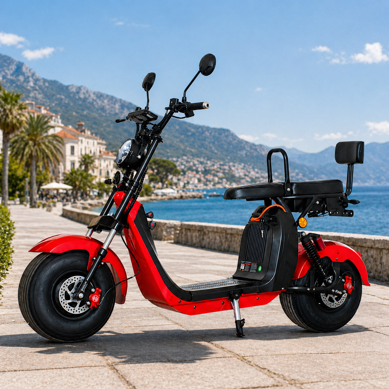 Scuter Electric 2 Persoane, Viteză Limitată 25 km/h – Fără Permis, Viteza maxima 25km/h, Autonomie 45 km, Motor 1500W, Baterie 20Ah, Suspensie Hidraulică, COC Inclus