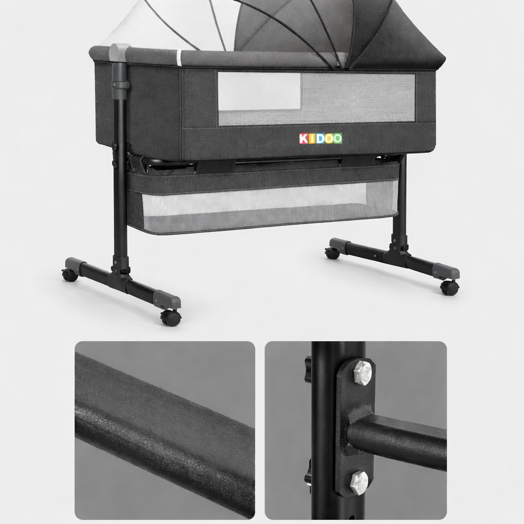 Pătuț Reglabil 6 în 1 KIDOO® pentru Bebe – Leagăn, Pătuț de Călătorie, Coș Depozitare, Plasă Țânțari, Saltea Moale, Roți 360°, Gri