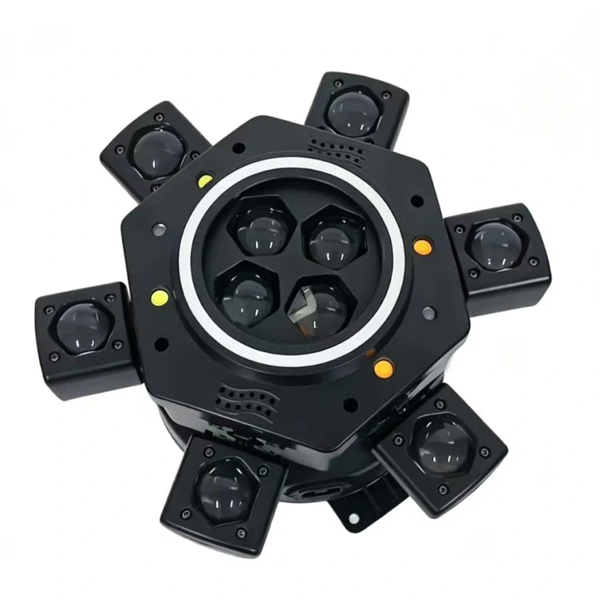 Moving Head LED Bee-Eye cu 6 Beam-uri Mobile, Laser Roșu și Verde, Stroboscop Dublu și Bandă LED RGB – Control DMX512 26 Canale, Master/Slave, Auto-Run și Sound Active pentru Club, DJ, Nunți și Evenimente