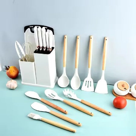 Set cutite otel inoxidabil, AT PERFORMANCE® si ustensile de bucatarie in suport cu tocator, 19 piese