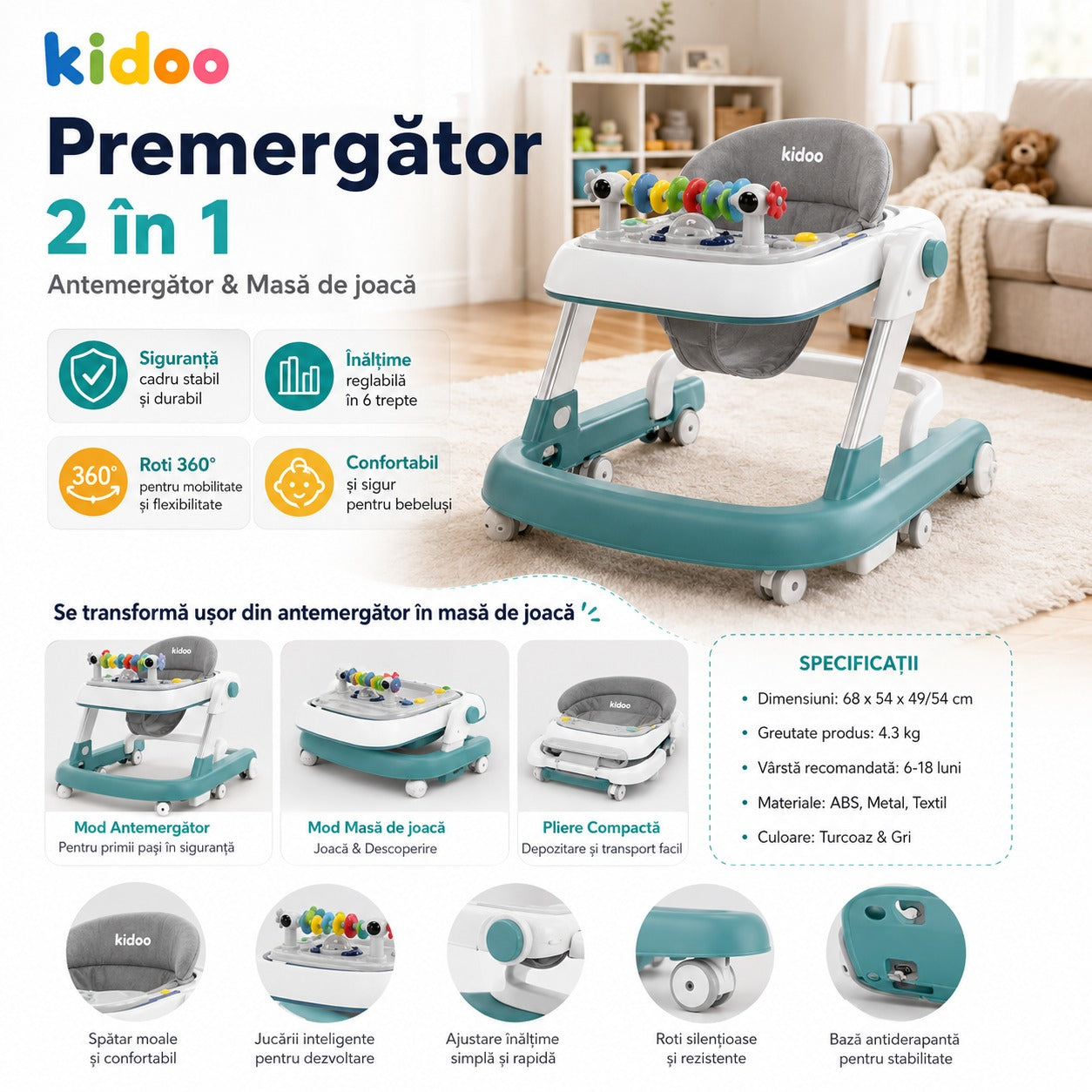 Premergător educațional 3 în 1 KIDOO®, pentru copii | Masuță, Premergător ; Antemergător | Reglabil, Muzical, Anti-cădere