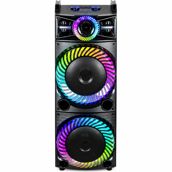 Boxă Karaoke Portabilă AT PERFORMANCE® 2250W PMPO, 2 x 15", Bluetooth, RGB LED, 2 Microfoane Wireless