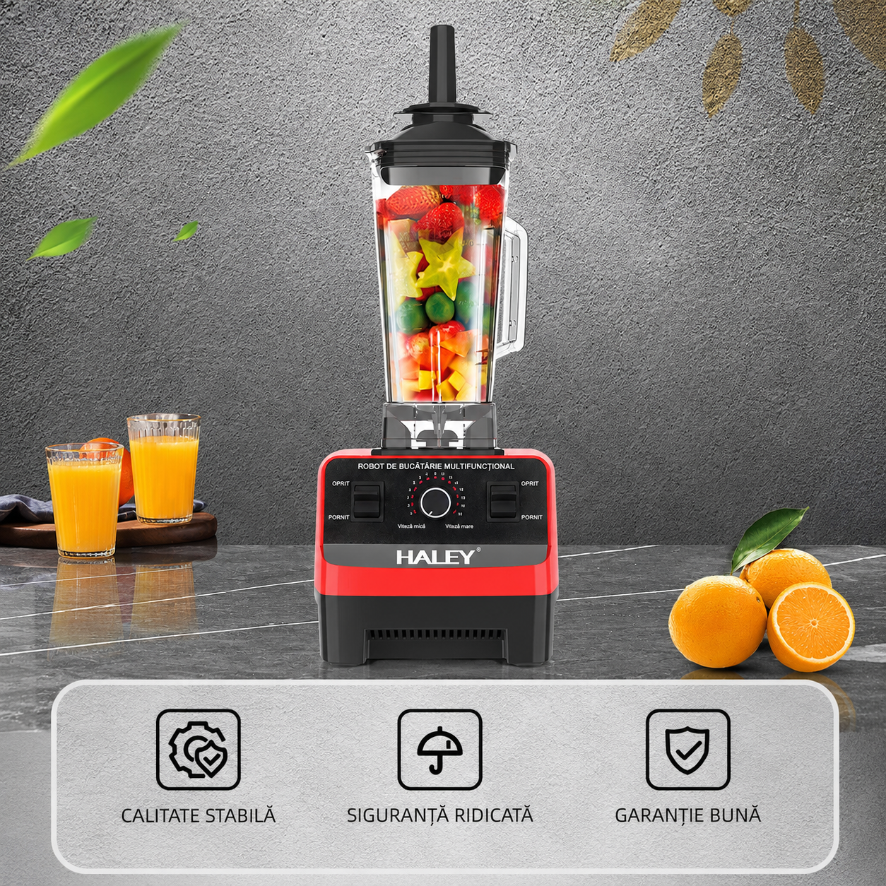 Blender Multifuncțional HALEY HY-2704, 4800W, 15 Viteze, Vas 2.5L, Funcție Pulse, Lame din Oțel Inoxidabil, Zdrobire Gheață