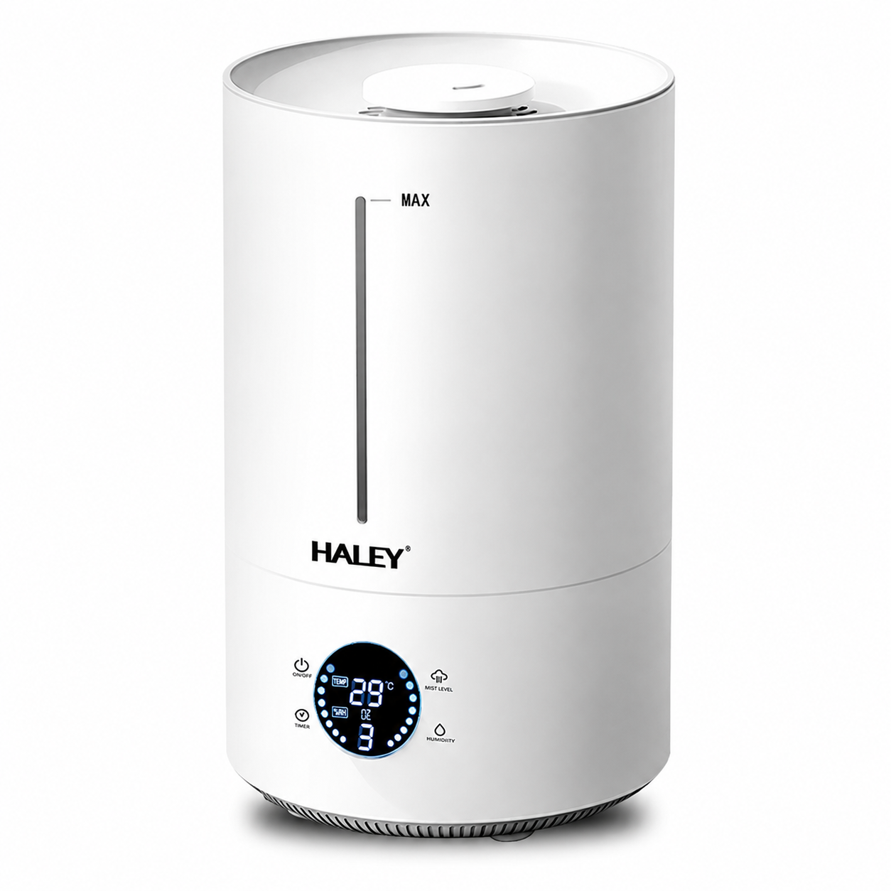 Umidificator de Aer HALEY HY-3101, Rezervor 5L, Umidificare 360°, Intensitate Reglabilă, Umplere de Sus, Panou Digital, 1000W, Alb