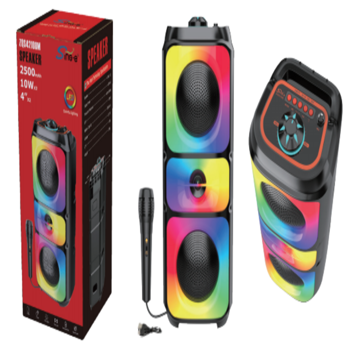 Boxă Portabilă Bluetooth 5.3 Sing-e ZQS42108XM, 200W, 2 Difuzoare 4", Microfon Inclus, Lumini LED RGB, Acumulator 2500mAh, Karaoke, Negru