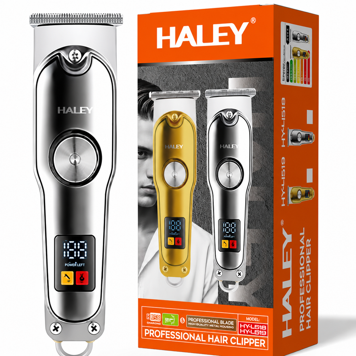 Mașină Profesională de Tuns și Contur HALEY HY-4518/HY-4519, Acumulator 500mAh, Autonomie 60 Min, Display LED, 4 Piepteni 1.5–6 mm, Încărcare USB