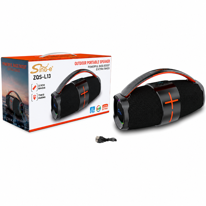 Boxă Portabilă Bluetooth Sing-e® ZQS-L13, 200W PMPO, Difuzoare 2 x 2.25", Bass Boost, RGB LED, USB, TF Card, AUX, IPX5, Acumulator 3000mAh