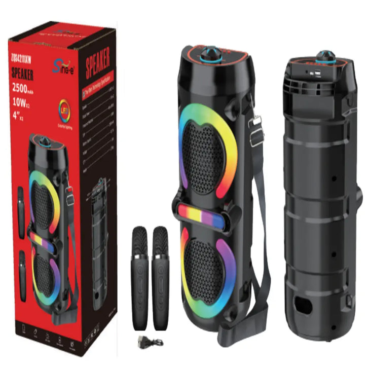Boxă Portabilă Bluetooth Karaoke ZQS42111KW, 200W, 2 Microfoane Wireless Incluse, Lumini LED RGB, Bass Puternic, Curea de Transport, Acumulator 2500mAh, Negru
