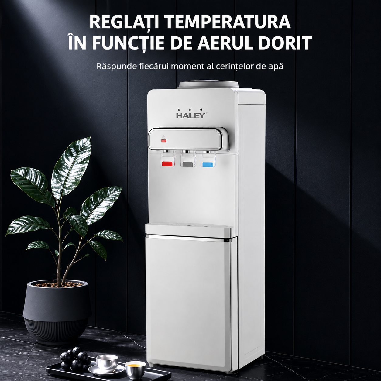 Dozator de Apă HALEY HY-2306, Apă Caldă, Rece și la Temperatura Camerei, Răcire cu Compresor, 650W, 3 Robinete, Blocare Copii, Dulap Depozitare