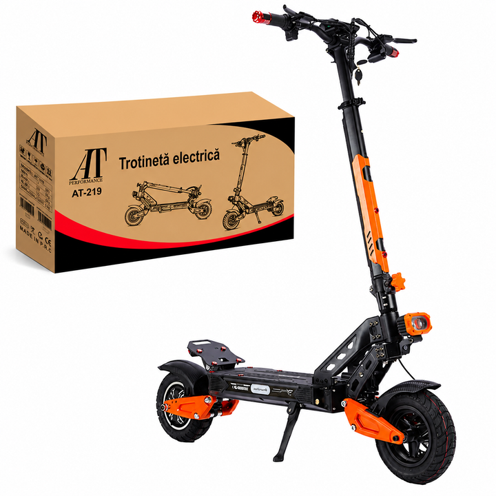 Trotinetă Electrică AT PERFORMANCE® AT-219, Motor 1000W, Baterie 48V 12.5Ah, Autonomie până la 45 km, Viteză până la 50 km/h, Roți Pneumatice 10", Cadru Aluminiu, Pliabilă