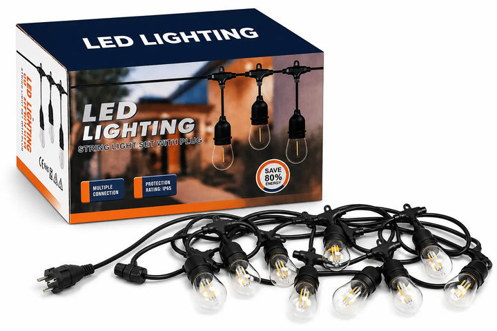 Instalație Luminoasă LED pentru Exterior, Tip Ghirlandă 10m, 10 Becuri Vintage Edison, Cablu Rezistent IP65, Conectabilă, Alimentare la Priză, Iluminare Caldă pentru Grădină, Terasă și Evenimente