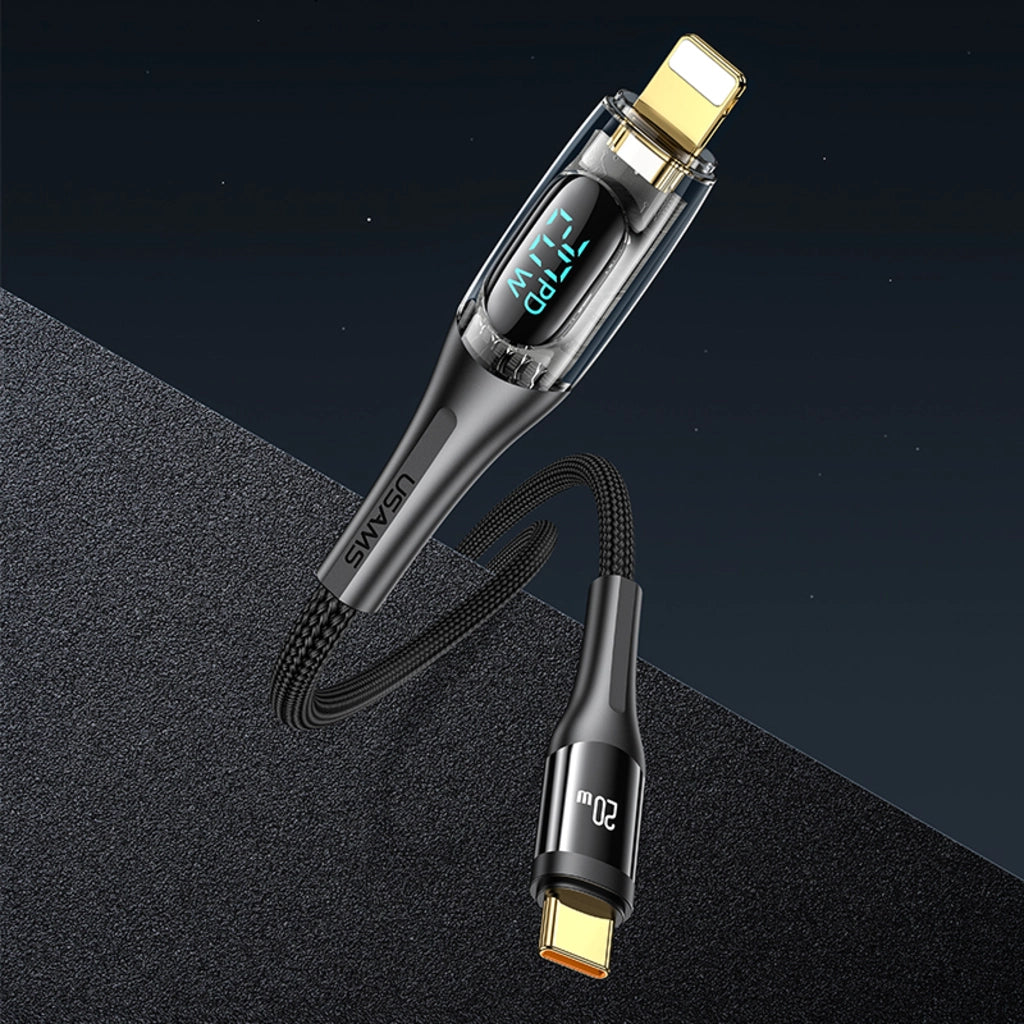 Cablu de încărcare USAMS USB-C – Lightning PD 20W, afișaj digital, design transparent, 1,2 m