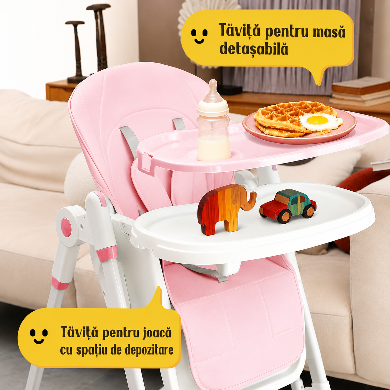 Scaun de Masă pentru Bebe AT PERFORMANCE, Pliabil, Reglabil pe Înălțime 5 Poziții, Tavă Detașabilă, 4 Roți, Suport Picioare, Max. 15 kg