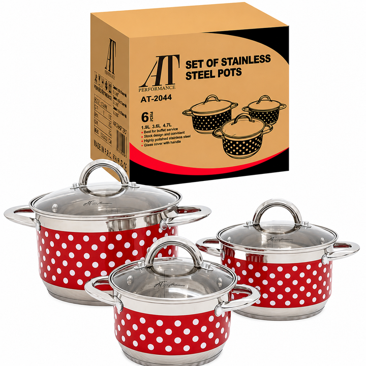 Set Oale din inox 3 Piese cu Capace din Sticlă – Design cu Buline, Compatibile cu Toate Sursele de Căldură