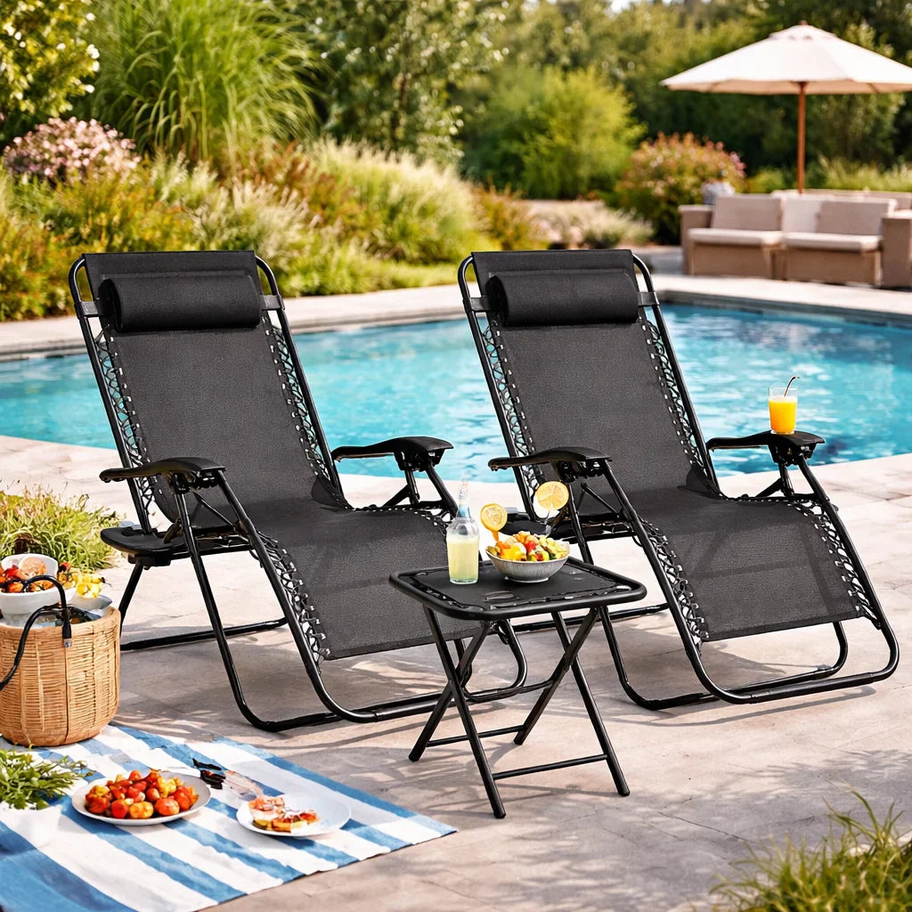 Set 2 Scaune Șezlonguri Zero Gravity + Masă cu Suport Pahare AT PERFORMANCE® – Pachet Promo Exterior