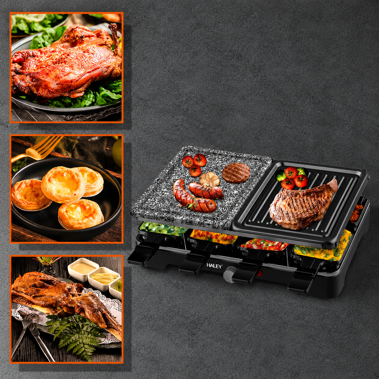 Grill Electric Multifuncțional HALEY HY-8610, 10 în 1, 1500W, Raclette cu 8 Tăvițe, Placă Grill și Piatră pentru Gătit, Temperatură Reglabilă