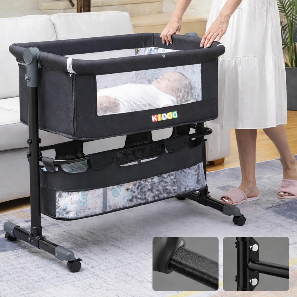 Pătuț Reglabil 6 în 1 KIDOO® pentru Bebe – Leagăn, Pătuț de Călătorie, Coș Depozitare, Plasă Țânțari, Saltea Moale, Roți 360°, Gri