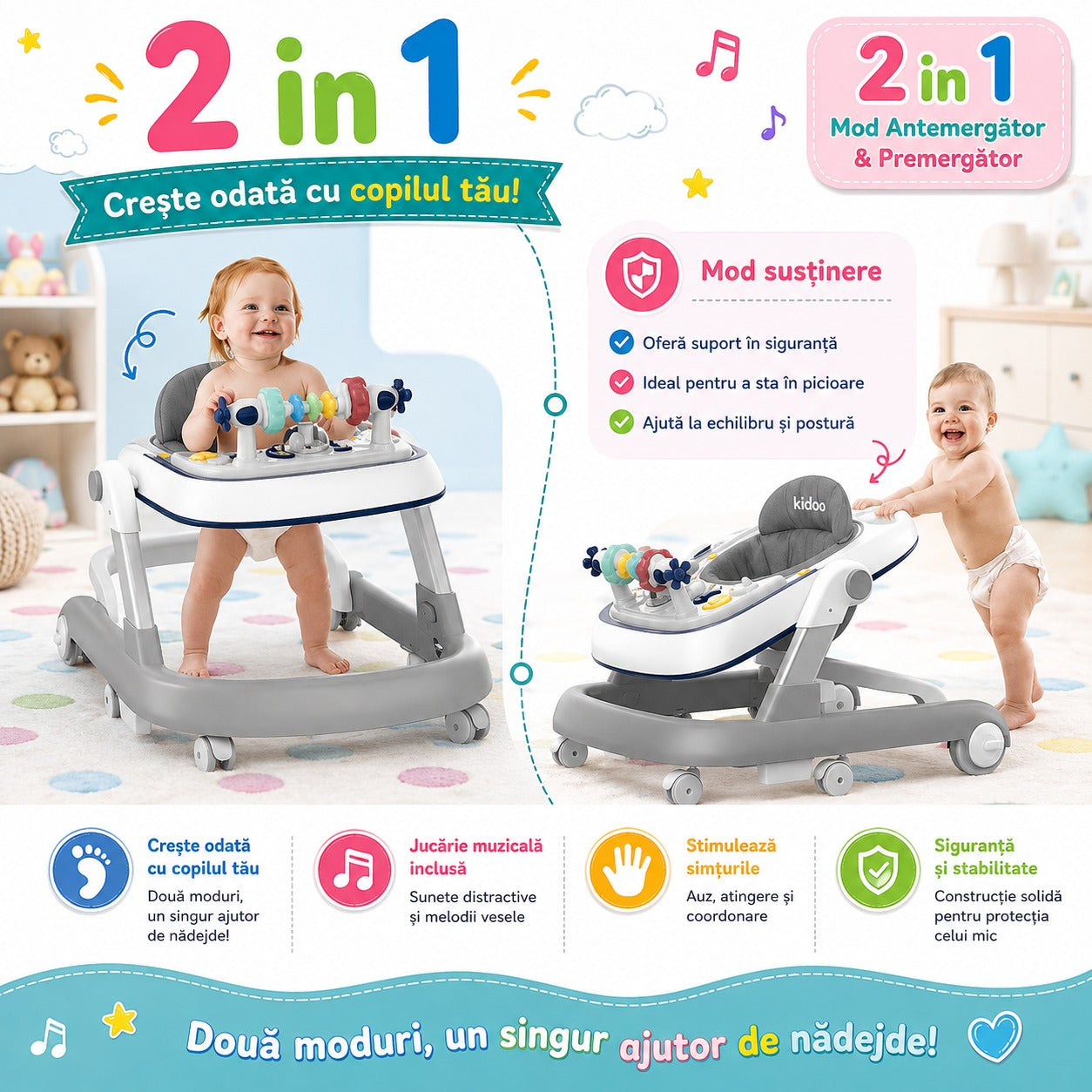 Premergător educațional 3 în 1 KIDOO®, pentru copii | Masuță, Premergător ; Antemergător | Reglabil, Muzical, Anti-cădere