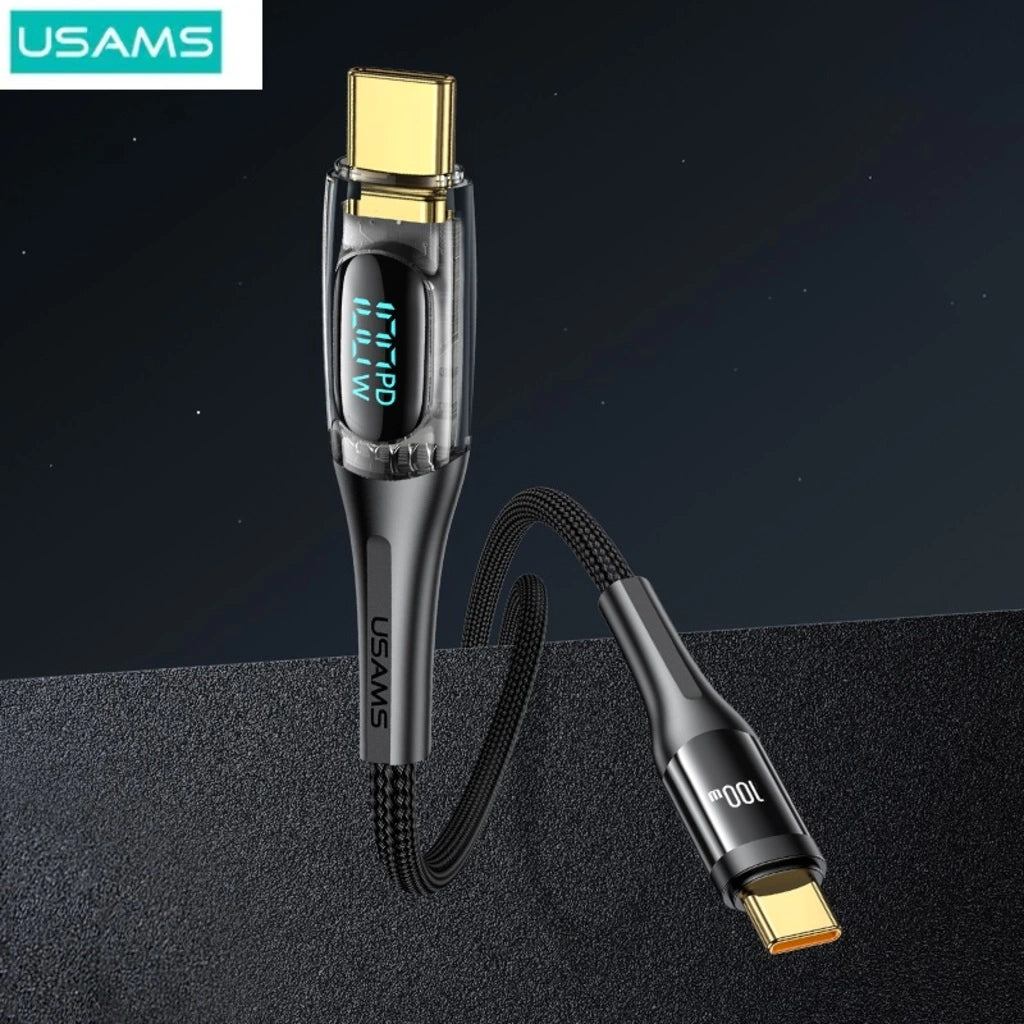 Cablu de Date &amp; Încărcare Rapidă USAMS Shadow Series, USB-C la USB-C, 100W PD, Display Digital LED, Nylon Împletit, 1.2m