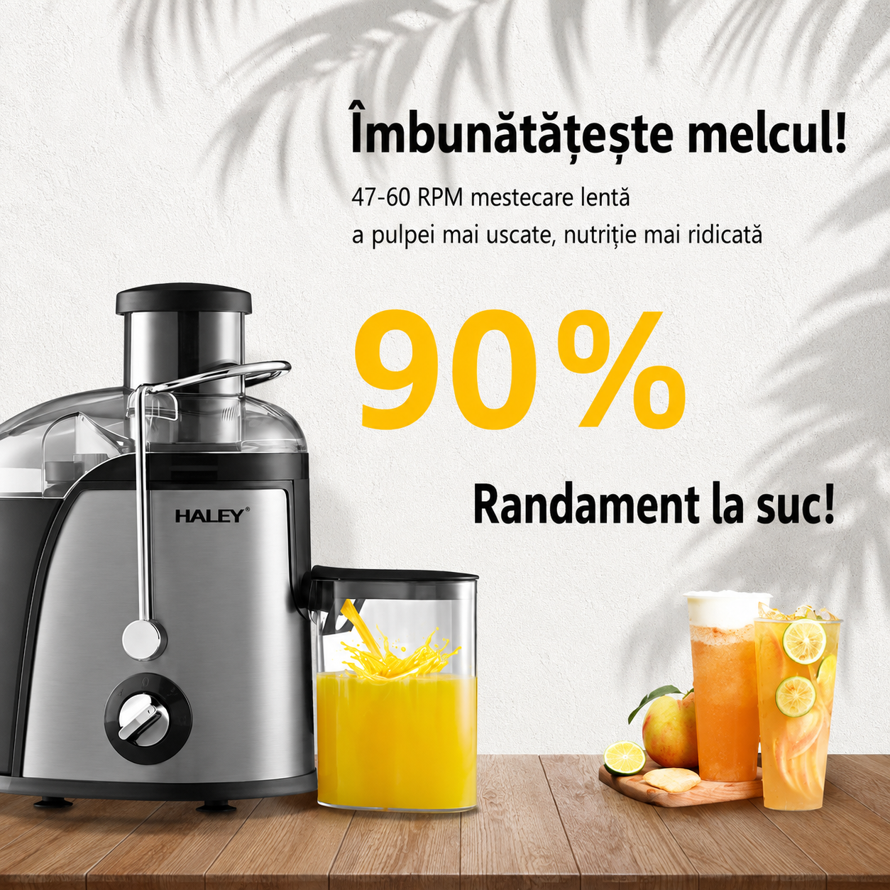 Storcător De Fructe Și Legume HALEY HY-2902, 1000W, 3 Viteze + Pulse, Tub Alimentare 65 mm, Recipient Pulpă 1.2L, Recipient Suc 0.5L, Filtru Din Oțel Inoxidabil