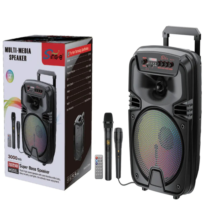 Boxă Portabilă Karaoke Sing-e ZQS12149, 12 Inch, 200W, Bluetooth 5.3, Acumulator 3000mAh, RGB LED, USB/TF/FM, 2 Microfoane Incluse, Telecomandă