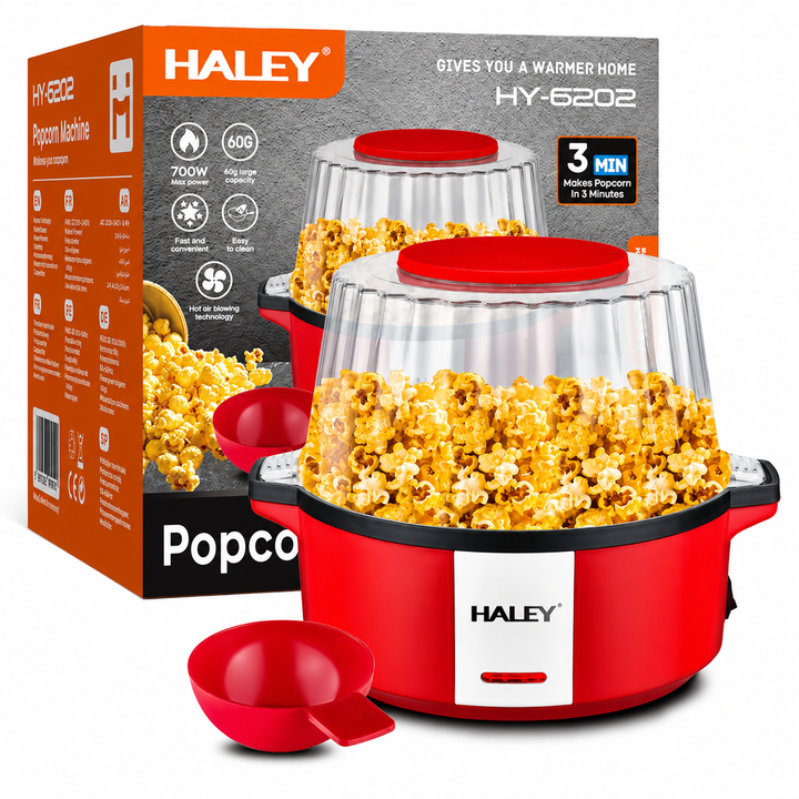 Aparat pentru Popcorn HALEY® HY-6202, 700W, 60g, Tehnologie cu Aer Cald, Fără Ulei, Popcorn în 3 Minute