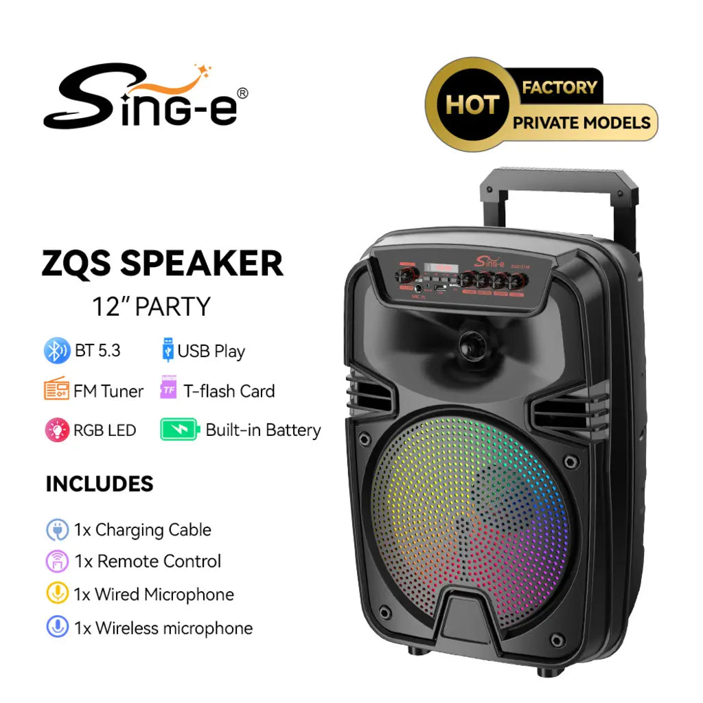 Boxă Portabilă Karaoke Sing-e ZQS12149, 12 Inch, 50W, Bluetooth 5.3, Acumulator 3000mAh, RGB LED, USB/TF/FM, 2 Microfoane Incluse, Telecomandă