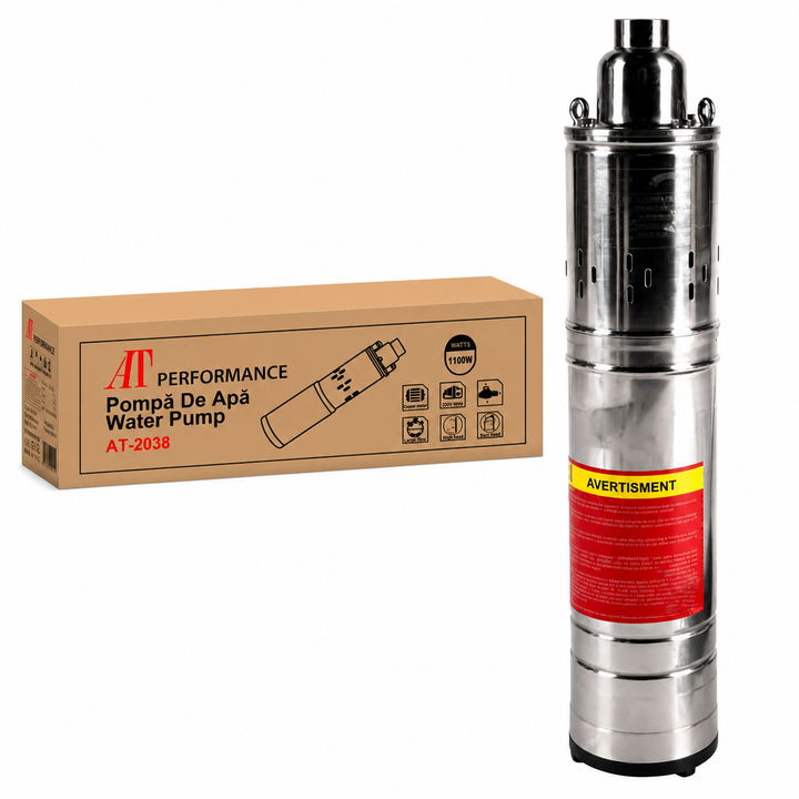 Pompă Submersibilă Apă AT-2038, 1100W, 1.5HP, Debit 3.6 m³/h, Adâncime 120m, Inox
