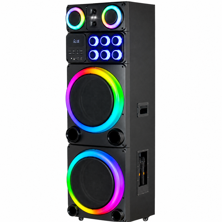 AT PERFORMANCE® Boxă Portabilă Karaoke 2250W PMPO, 2 x 15", Bluetooth, 2 Microfoane Wireless, RGB LED