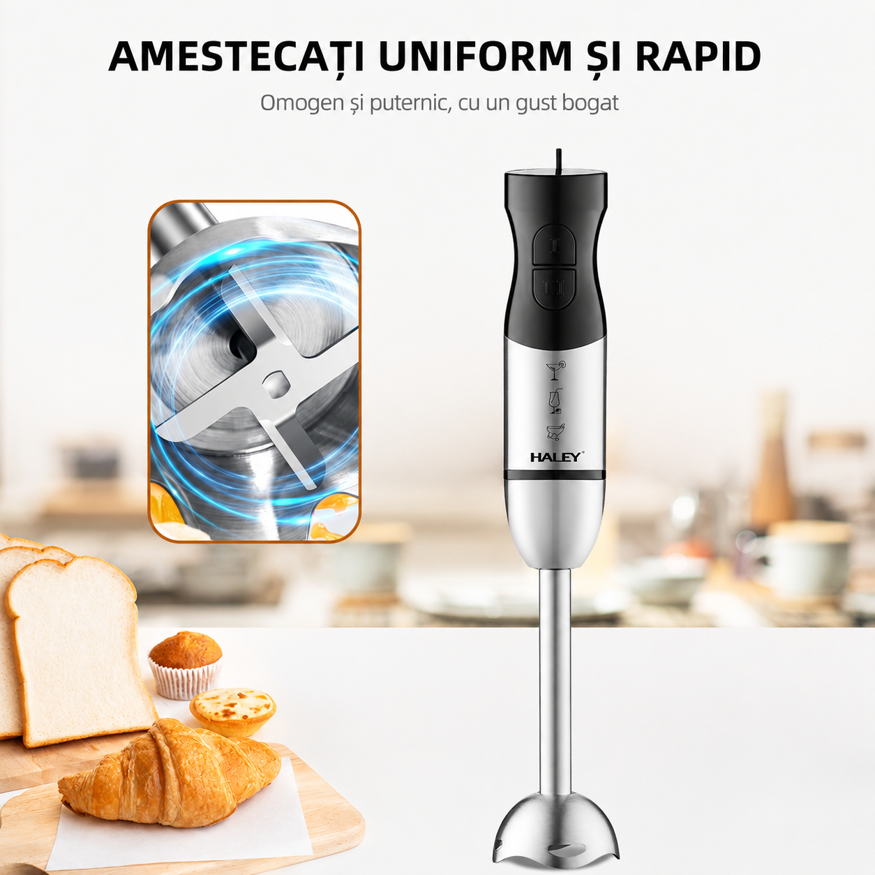 Blender vertical de mână HALEY HY-1121, 1200W, 2 viteze, motor DC, lame din oțel inoxidabil, funcție anti-stropire