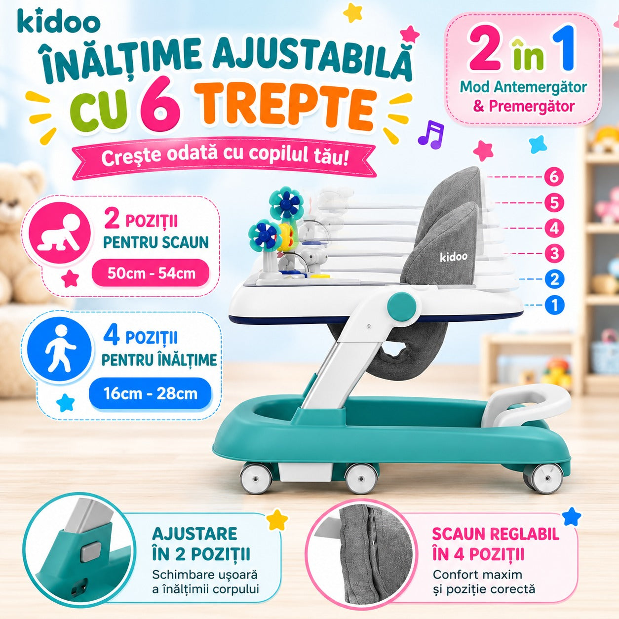 Premergător educațional 3 în 1 KIDOO®, pentru copii | Masuță, Premergător ; Antemergător | Reglabil, Muzical, Anti-cădere