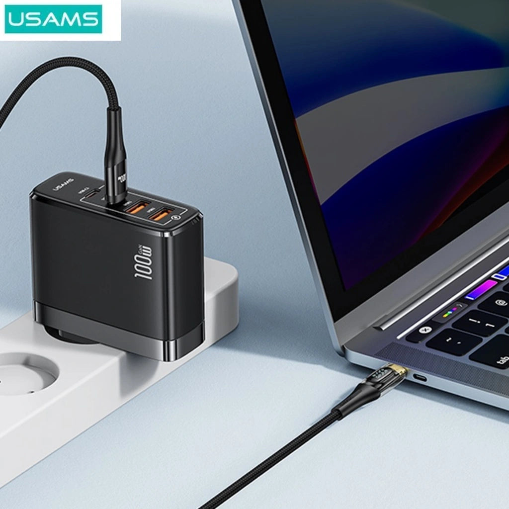 Cablu de Date &amp; Încărcare Rapidă USAMS Shadow Series, USB-C la USB-C, 100W PD, Display Digital LED, Nylon Împletit, 1.2m