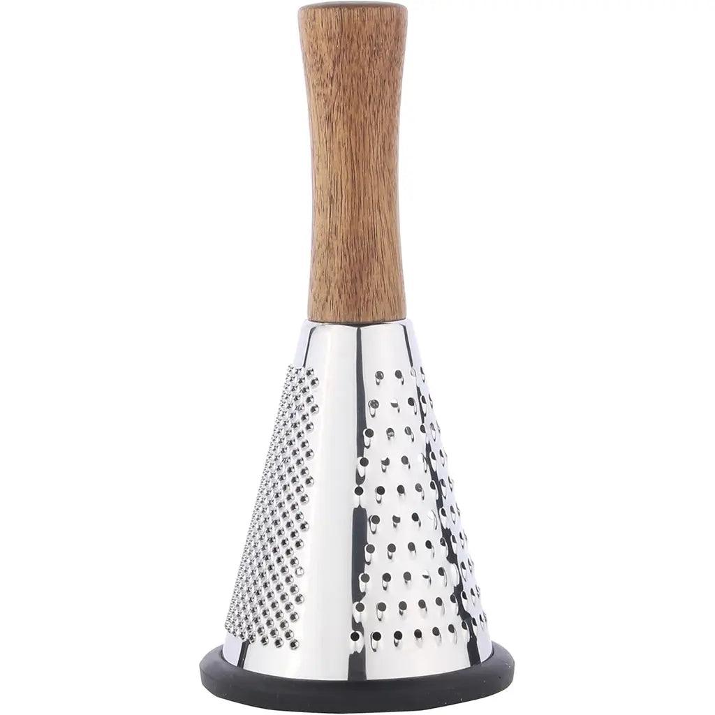 Razatoare Conica Multifunctionala din Inox cu Maner din Lemn – 3 Functii, pentru Branza Parmezan, Legume si Fructe, Baza Anti-Alunecare